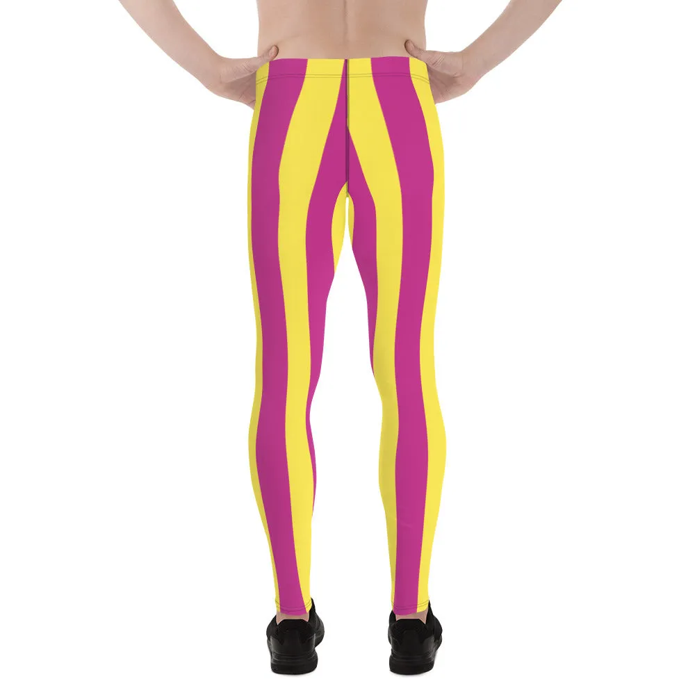 Pink Yellow Stripes Men's Leggings, Colorful Vertically Striped Meggings For Men - Made in USA/EU/MX