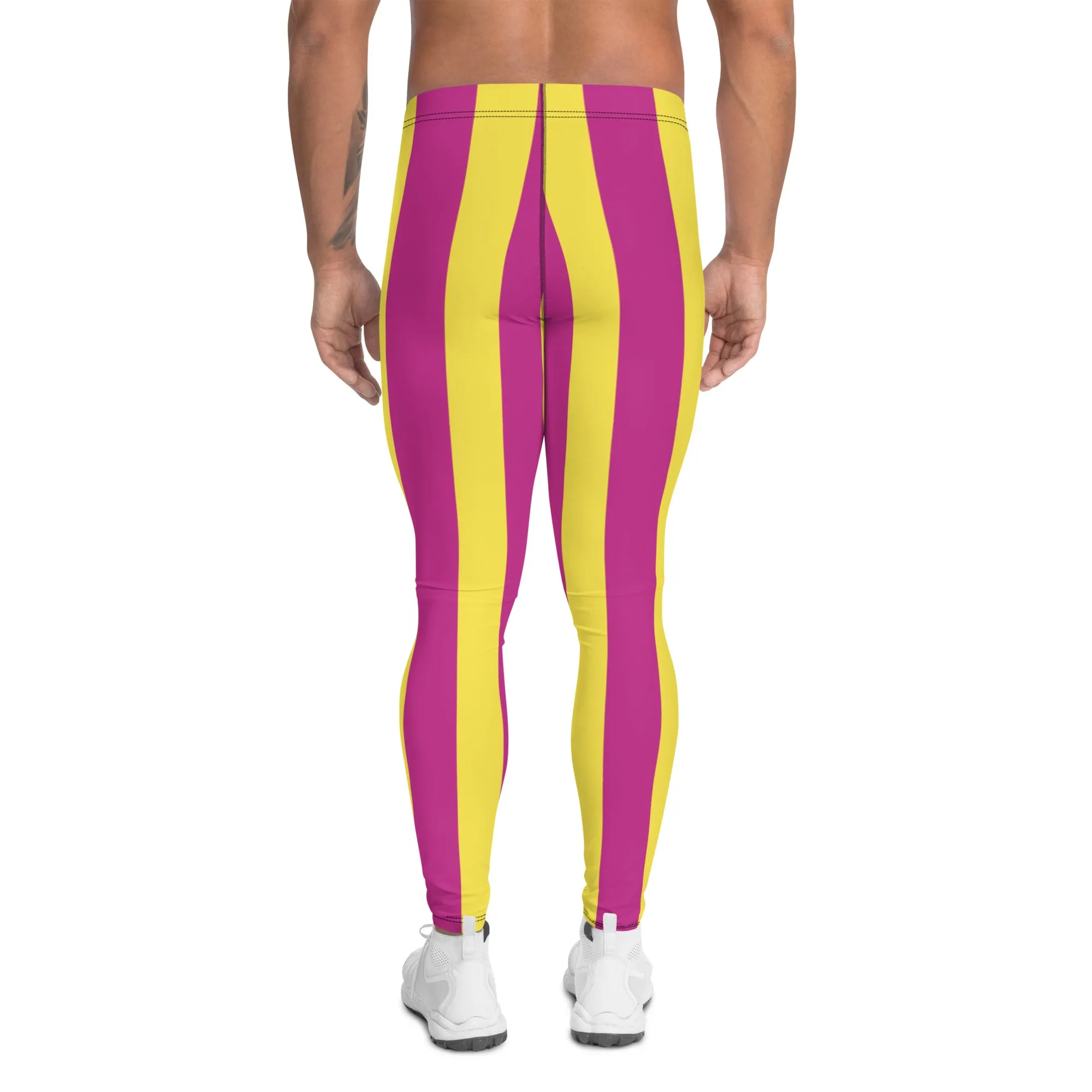 Pink Yellow Stripes Men's Leggings, Colorful Vertically Striped Meggings For Men - Made in USA/EU/MX