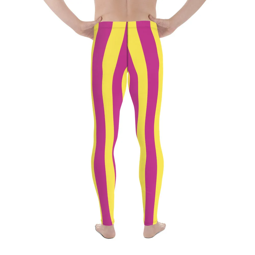 Pink Yellow Stripes Men's Leggings, Colorful Vertically Striped Meggings For Men - Made in USA/EU/MX