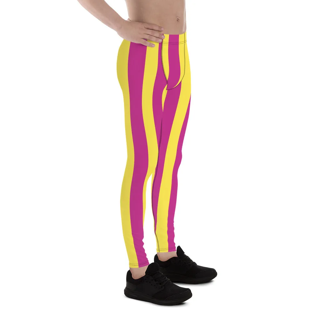 Pink Yellow Stripes Men's Leggings, Colorful Vertically Striped Meggings For Men - Made in USA/EU/MX