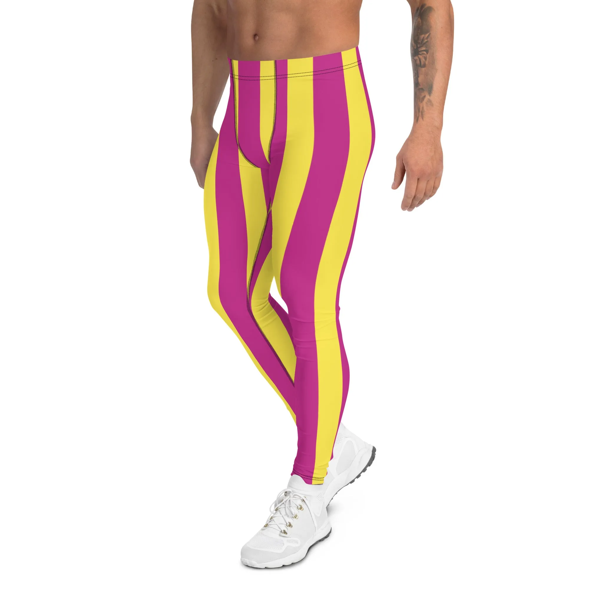 Pink Yellow Stripes Men's Leggings, Colorful Vertically Striped Meggings For Men - Made in USA/EU/MX