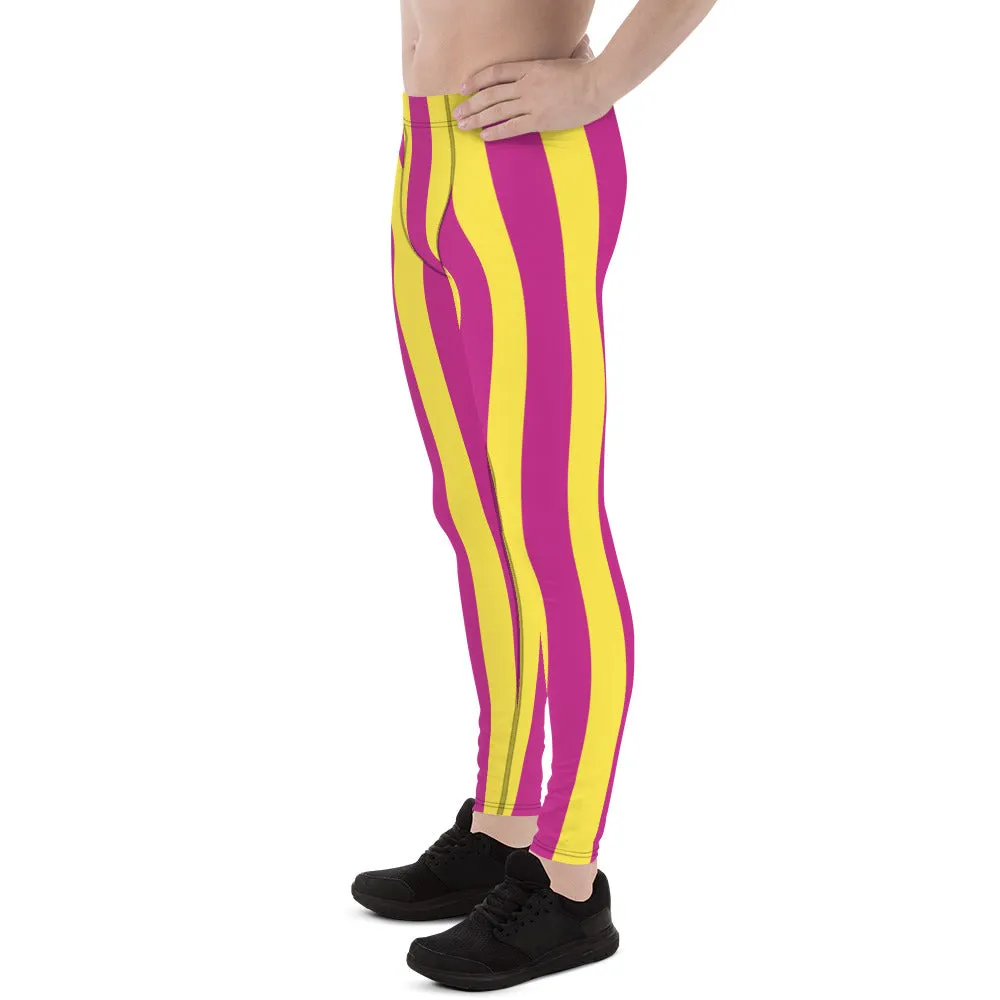 Pink Yellow Stripes Men's Leggings, Colorful Vertically Striped Meggings For Men - Made in USA/EU/MX