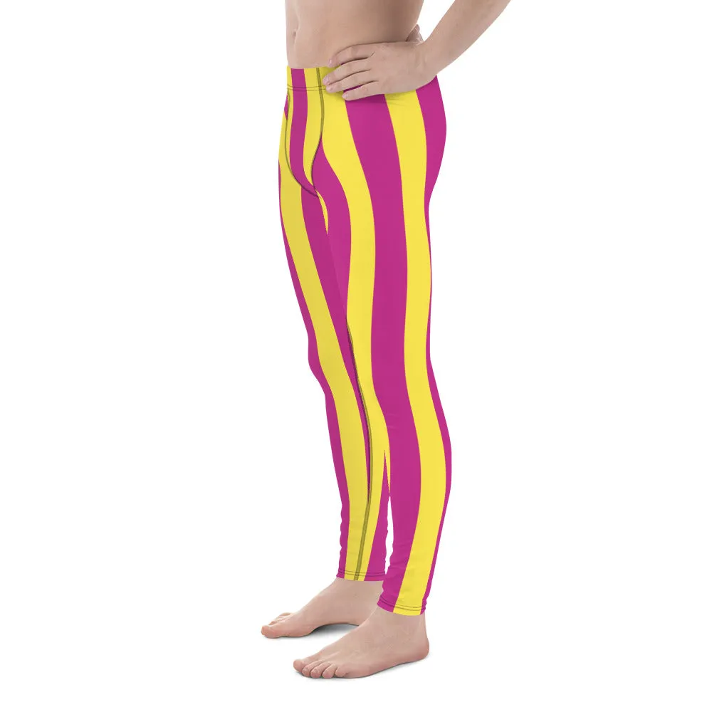 Pink Yellow Stripes Men's Leggings, Colorful Vertically Striped Meggings For Men - Made in USA/EU/MX