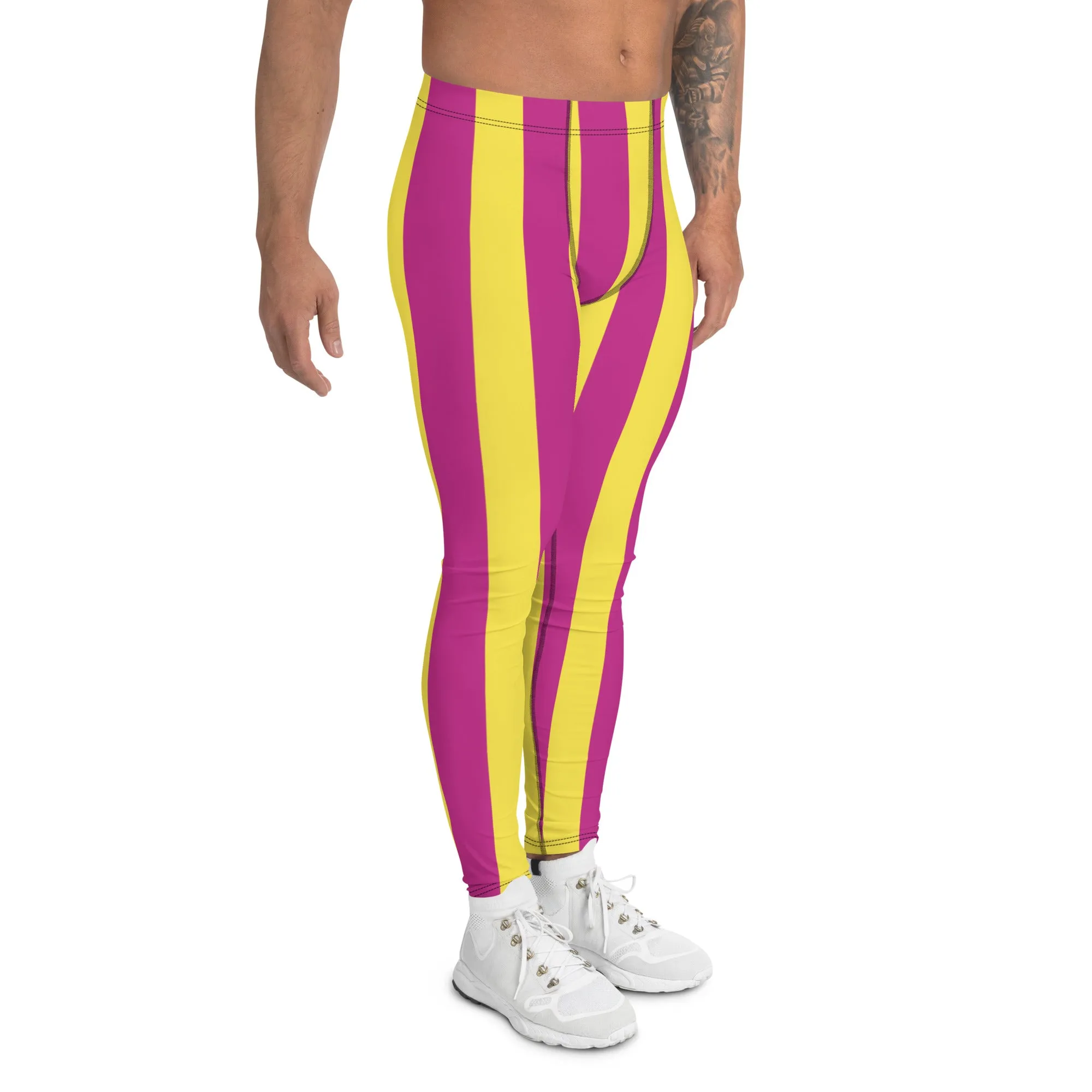 Pink Yellow Stripes Men's Leggings, Colorful Vertically Striped Meggings For Men - Made in USA/EU/MX