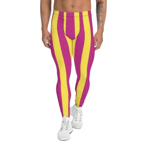 Pink Yellow Stripes Men's Leggings, Colorful Vertically Striped Meggings For Men - Made in USA/EU/MX