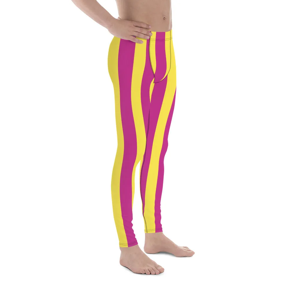 Pink Yellow Stripes Men's Leggings, Colorful Vertically Striped Meggings For Men - Made in USA/EU/MX