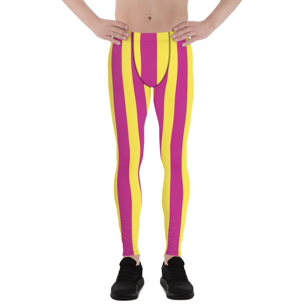 Pink Yellow Stripes Men's Leggings, Colorful Vertically Striped Meggings For Men - Made in USA/EU/MX