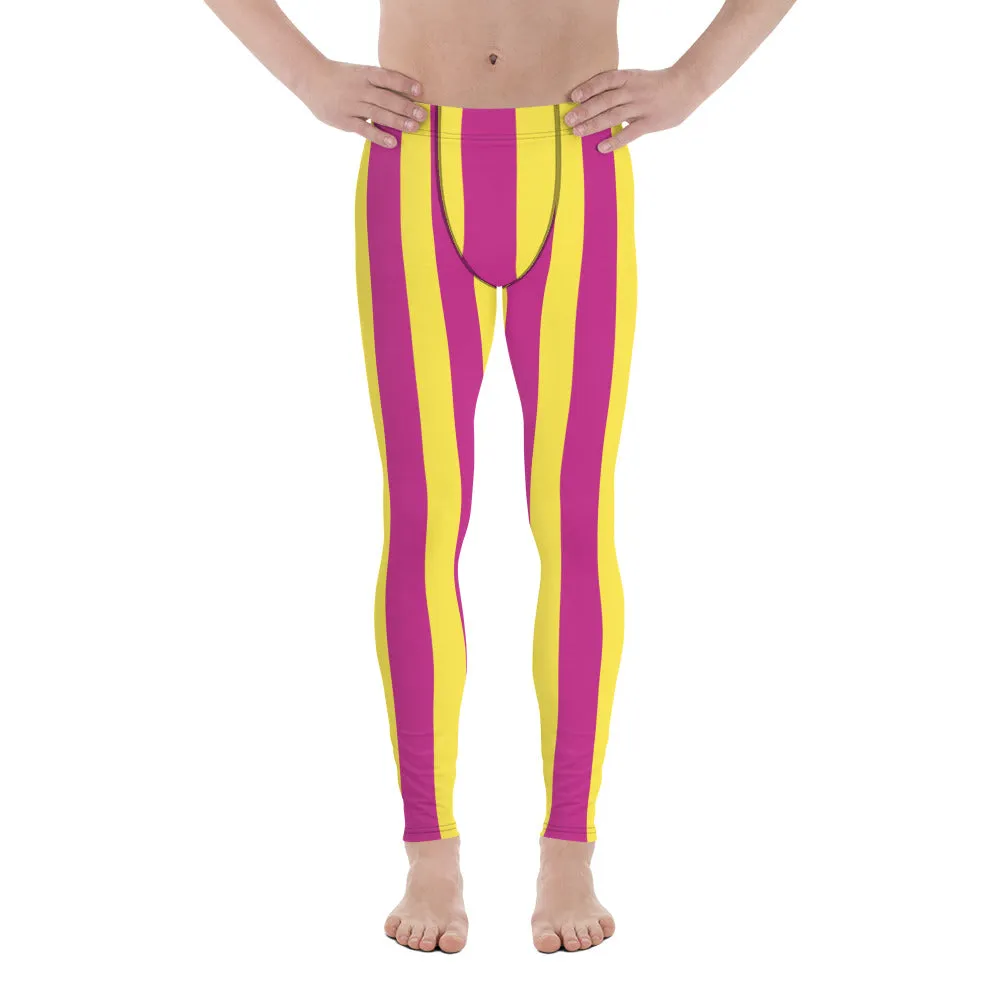 Pink Yellow Stripes Men's Leggings, Colorful Vertically Striped Meggings For Men - Made in USA/EU/MX