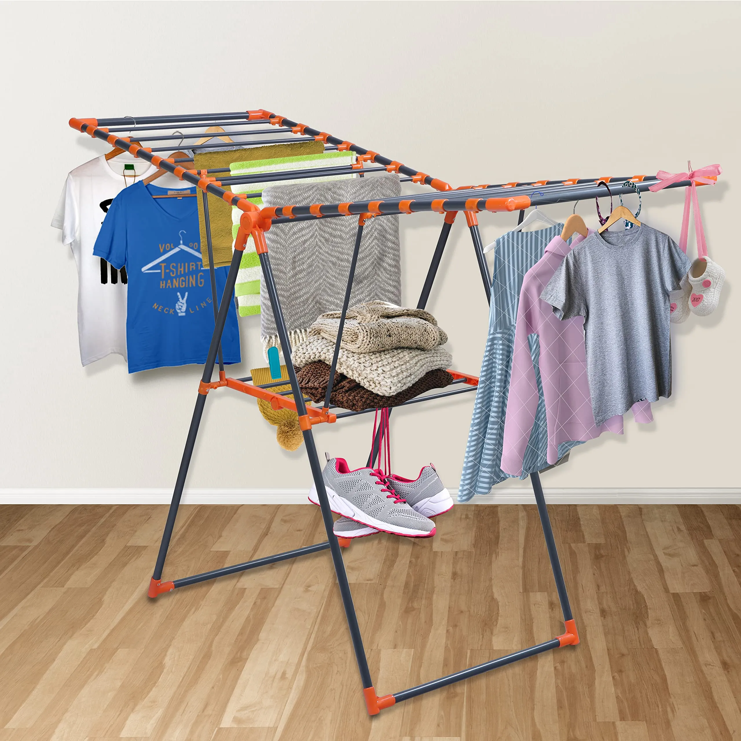 Plantex GI Steel Foldable Cloth Drying Stand/Clothes Rack/Clothes Hanger for Home/Londry Stand for Balcony – (Gray & Orange)