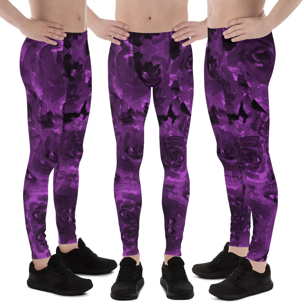 Purple Floral Men's Leggings, Abstract Print Meggings Compression Run Tights-Made in USA/EU