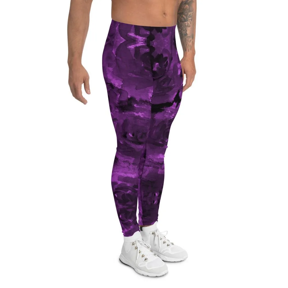 Purple Floral Men's Leggings, Abstract Print Meggings Compression Run Tights-Made in USA/EU