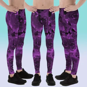 Purple Floral Men's Leggings, Abstract Print Meggings Compression Run Tights-Made in USA/EU