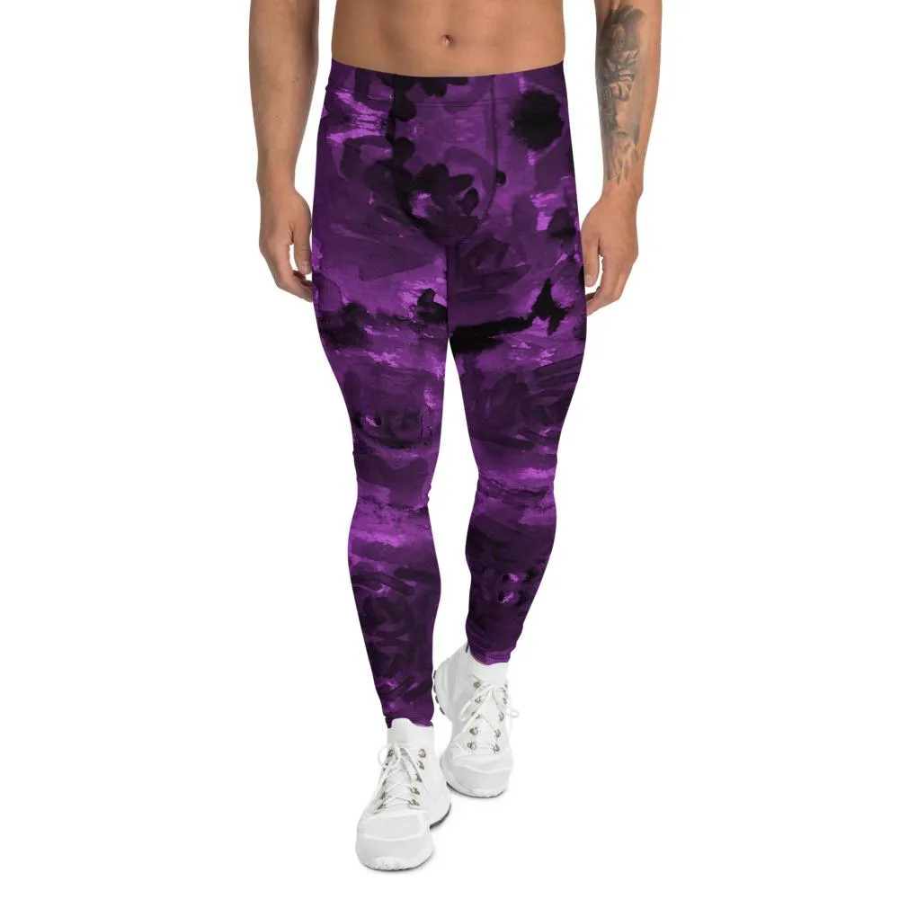 Purple Floral Men's Leggings, Abstract Print Meggings Compression Run Tights-Made in USA/EU