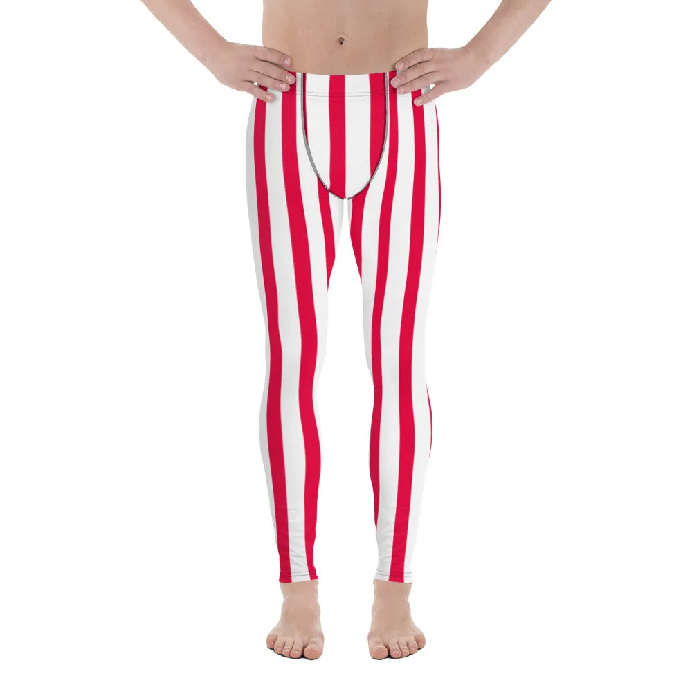 Red & White Stripes Meggings, Circus Style Vertical Striped Men's Running Leggings & Run Tights Activewear- Made in USA/EU