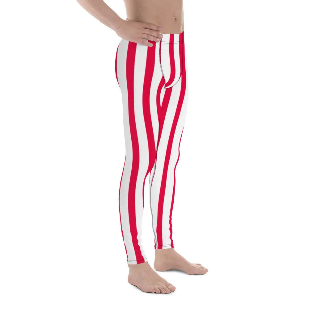 Red & White Stripes Meggings, Circus Style Vertical Striped Men's Running Leggings & Run Tights Activewear- Made in USA/EU