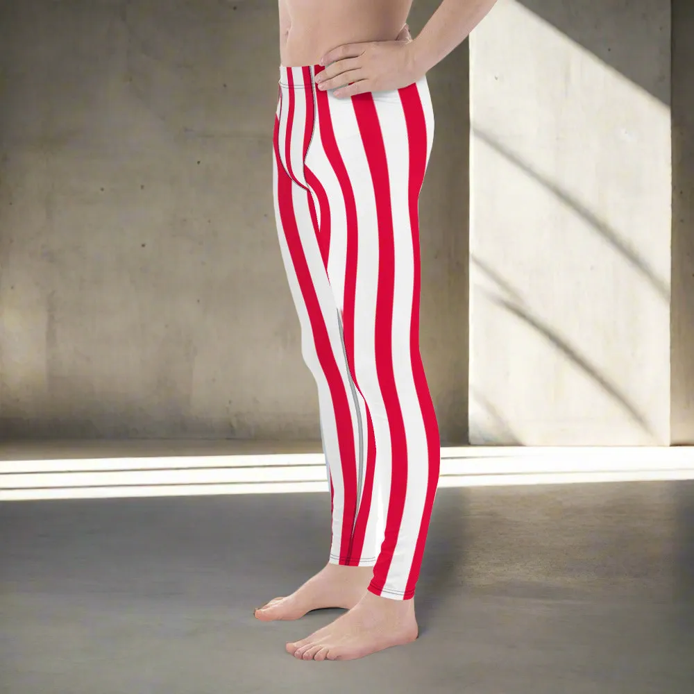 Red & White Stripes Meggings, Circus Style Vertical Striped Men's Running Leggings & Run Tights Activewear- Made in USA/EU