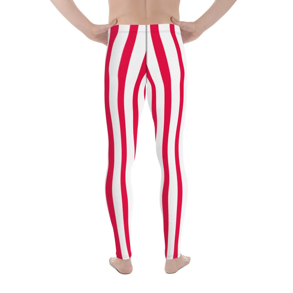 Red & White Stripes Meggings, Circus Style Vertical Striped Men's Running Leggings & Run Tights Activewear- Made in USA/EU