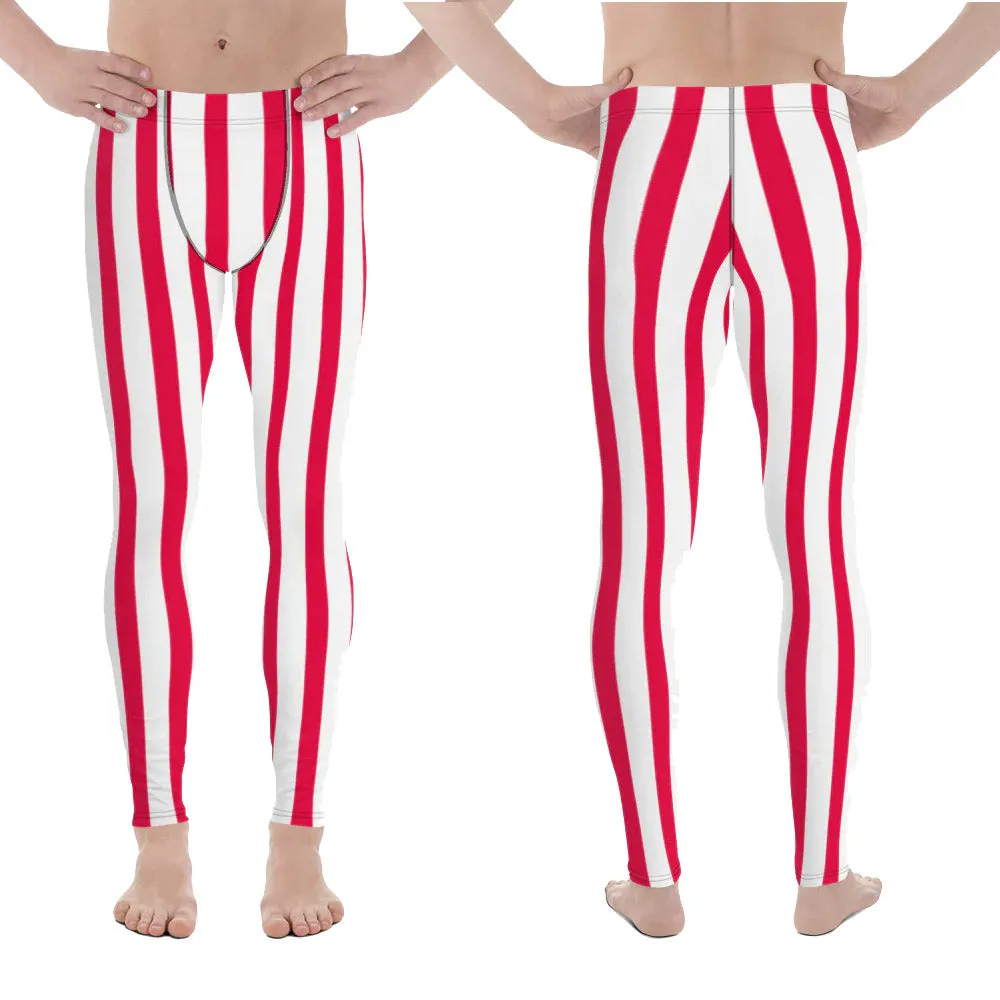 Red & White Stripes Meggings, Circus Style Vertical Striped Men's Running Leggings & Run Tights Activewear- Made in USA/EU