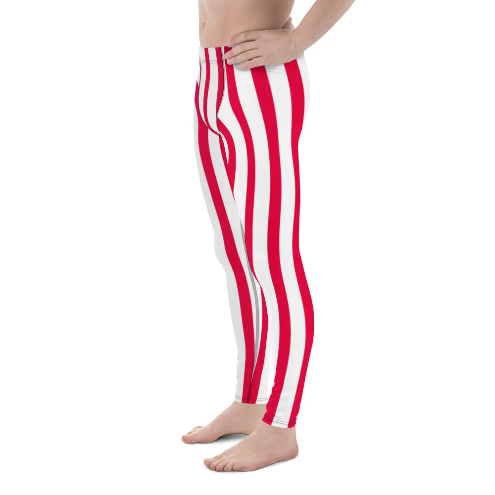 Red & White Stripes Meggings, Circus Style Vertical Striped Men's Running Leggings & Run Tights Activewear- Made in USA/EU