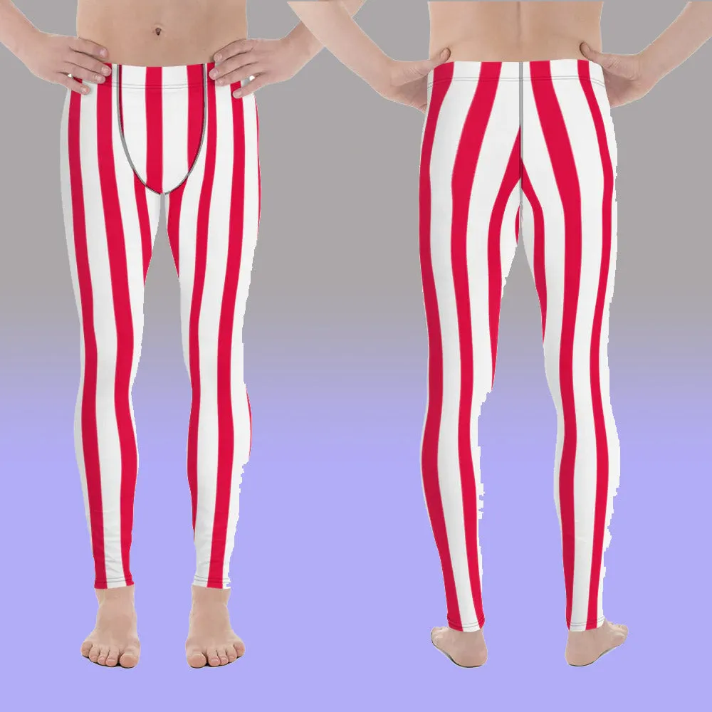 Red & White Stripes Meggings, Circus Style Vertical Striped Men's Running Leggings & Run Tights Activewear- Made in USA/EU