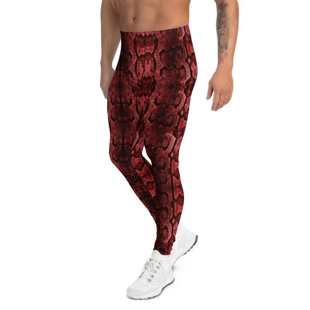 Red Snake Print Men's Leggings, Snake Skin Python Style Meggings Tights For Men - Made in USA/EU