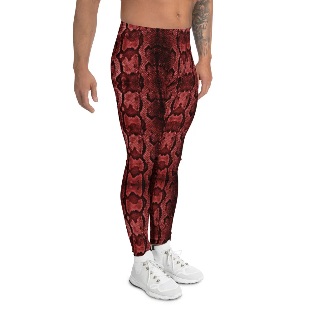 Red Snake Print Men's Leggings, Snake Skin Python Style Meggings Tights For Men - Made in USA/EU