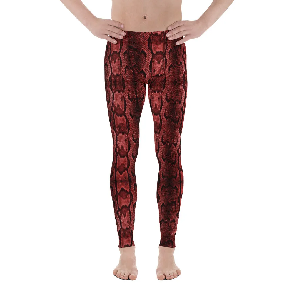 Red Snake Print Men's Leggings, Snake Skin Python Style Meggings Tights For Men - Made in USA/EU