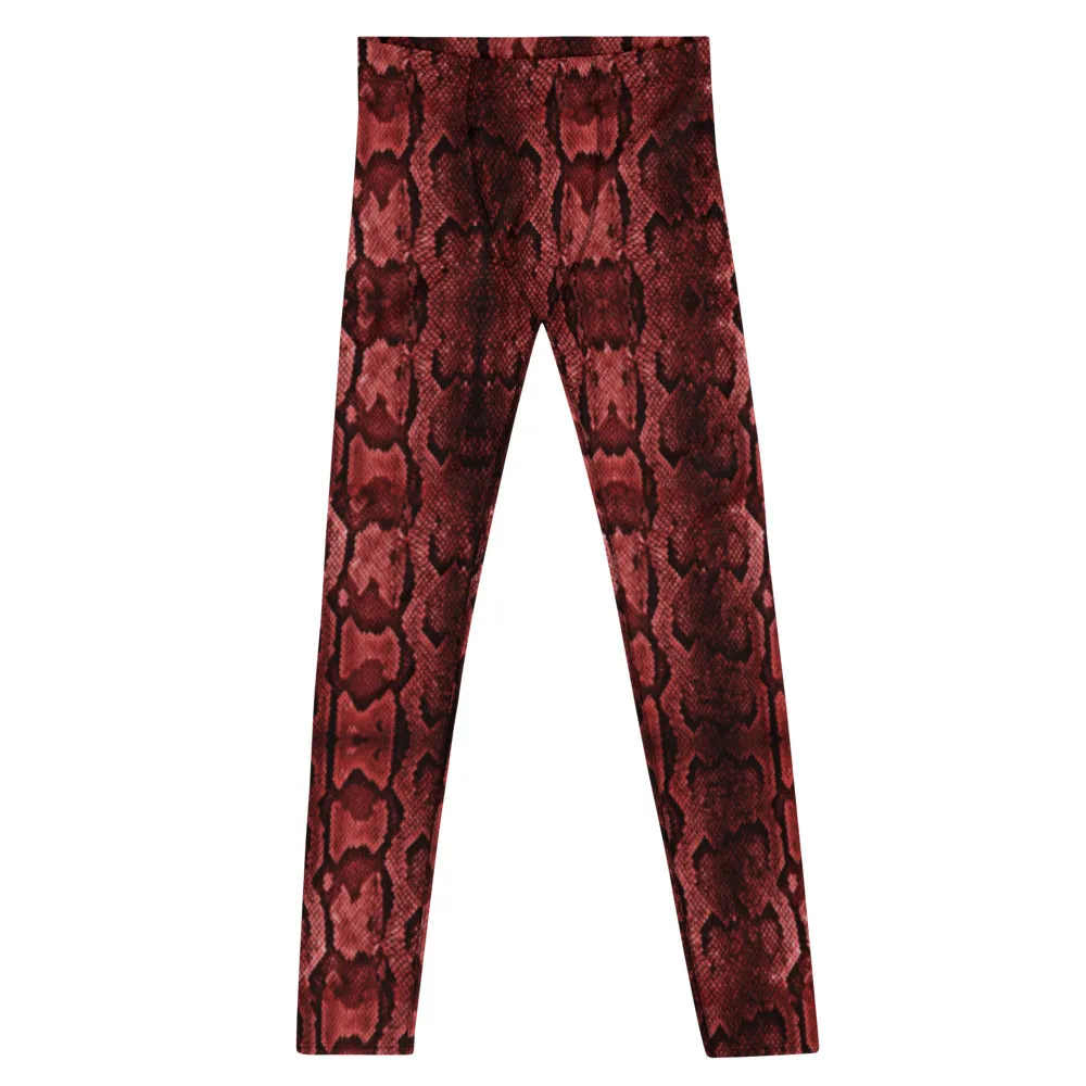 Red Snake Print Men's Leggings, Snake Skin Python Style Meggings Tights For Men - Made in USA/EU