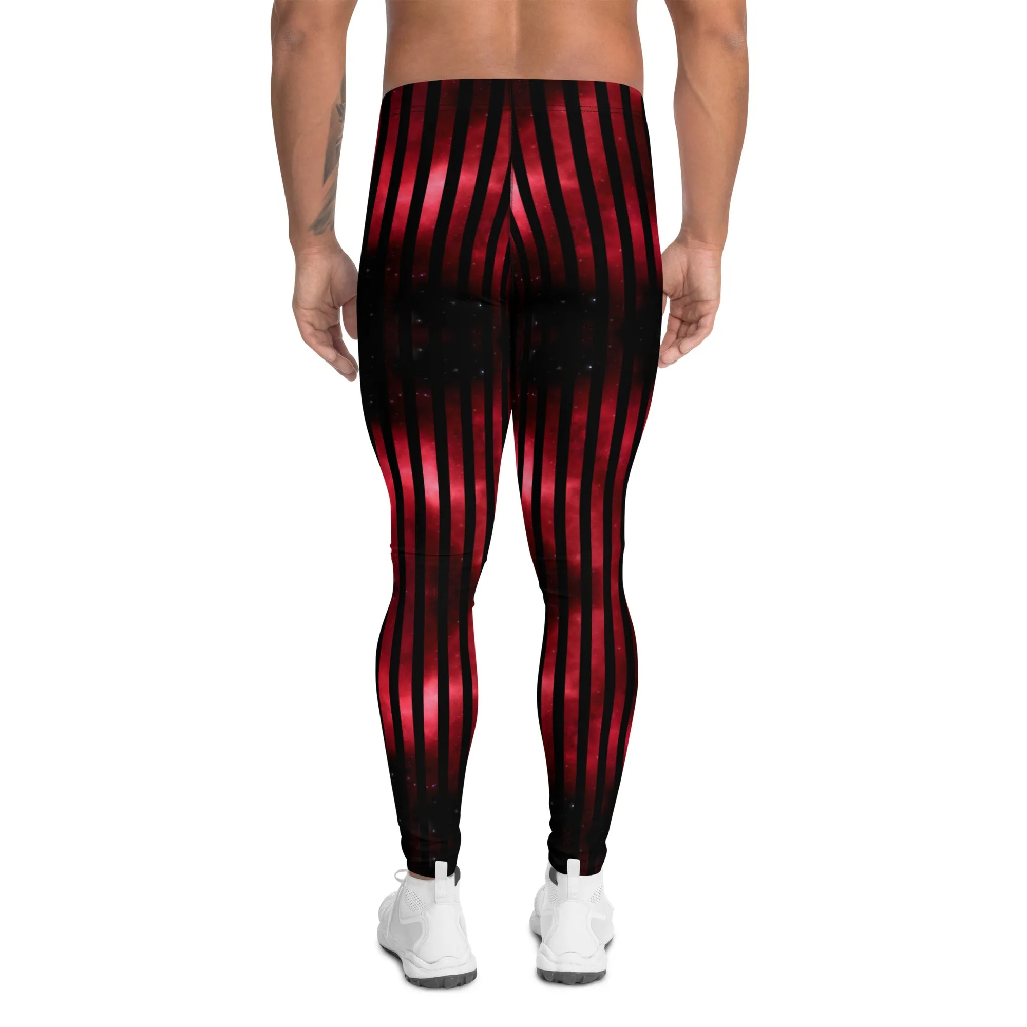 Red Striped Best Men's Leggings, Vertical Striped Meggings Compression Tights For Men- Made in USA/EU/MX