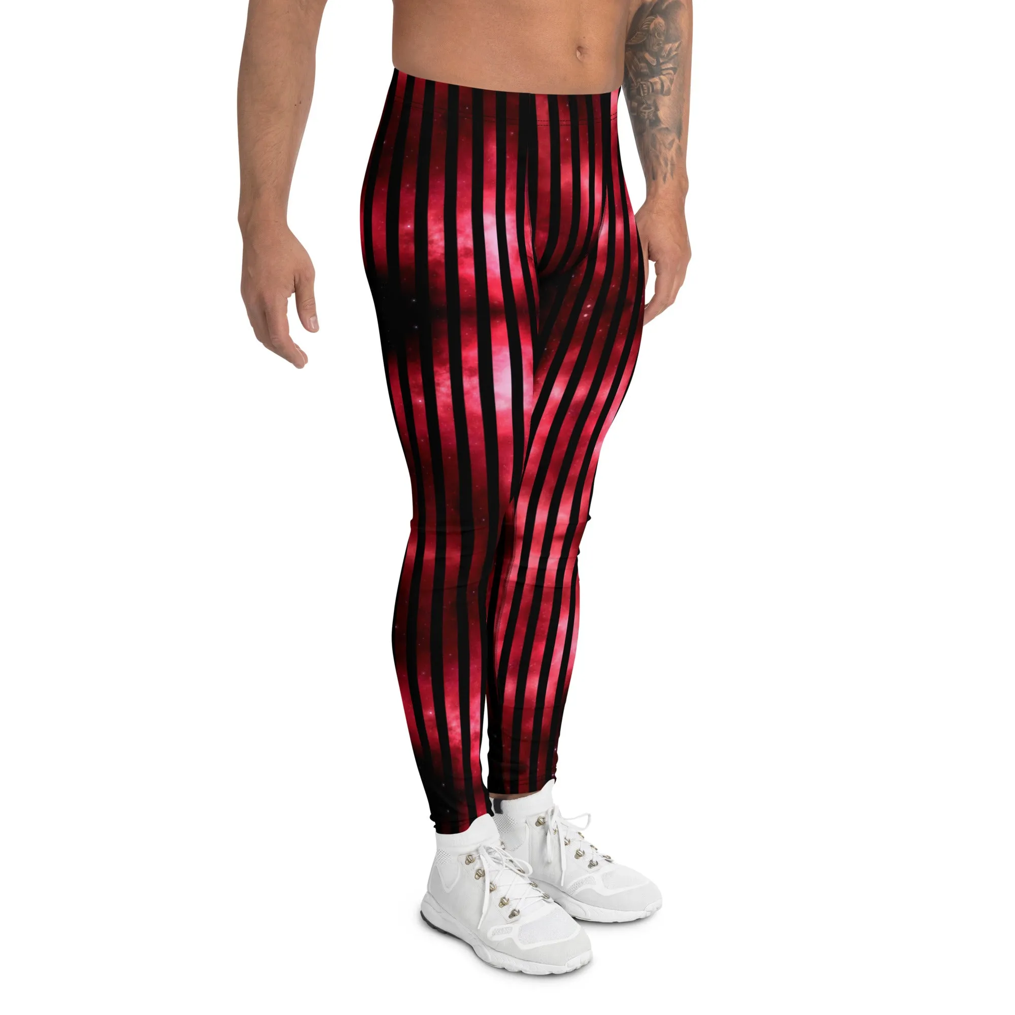 Red Striped Best Men's Leggings, Vertical Striped Meggings Compression Tights For Men- Made in USA/EU/MX