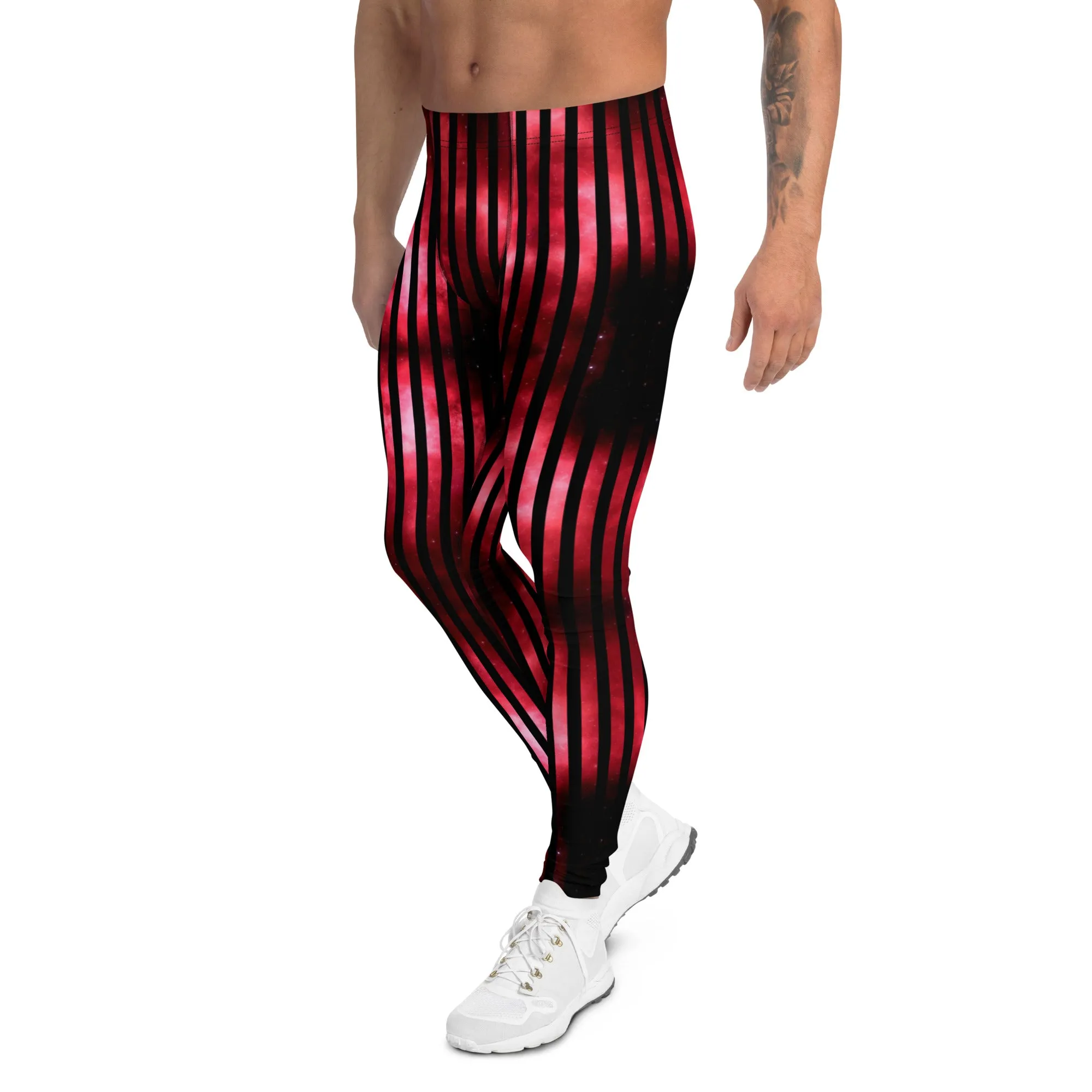 Red Striped Best Men's Leggings, Vertical Striped Meggings Compression Tights For Men- Made in USA/EU/MX