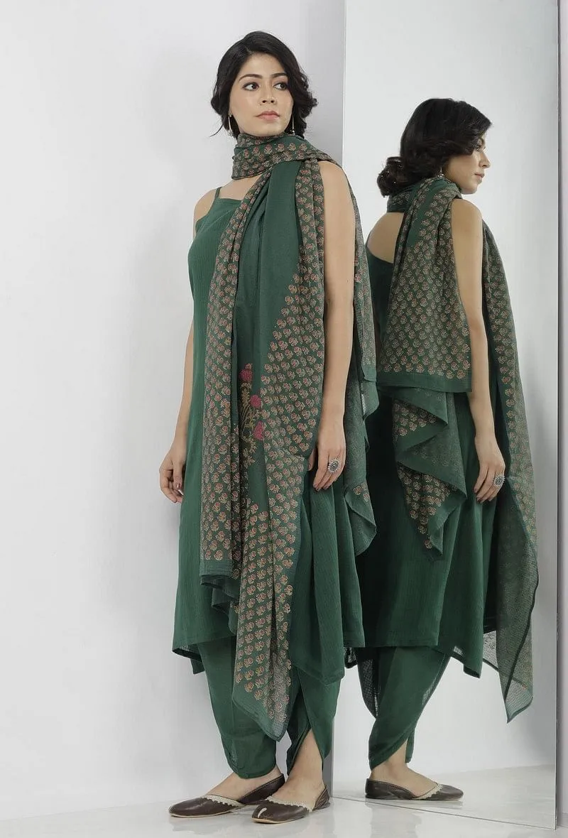 Set of 3: Irvin Plain Bottle Green Kota Slip with Plain Kota Transparent Dhoti and Hand-Block Printed Kota Dupatta