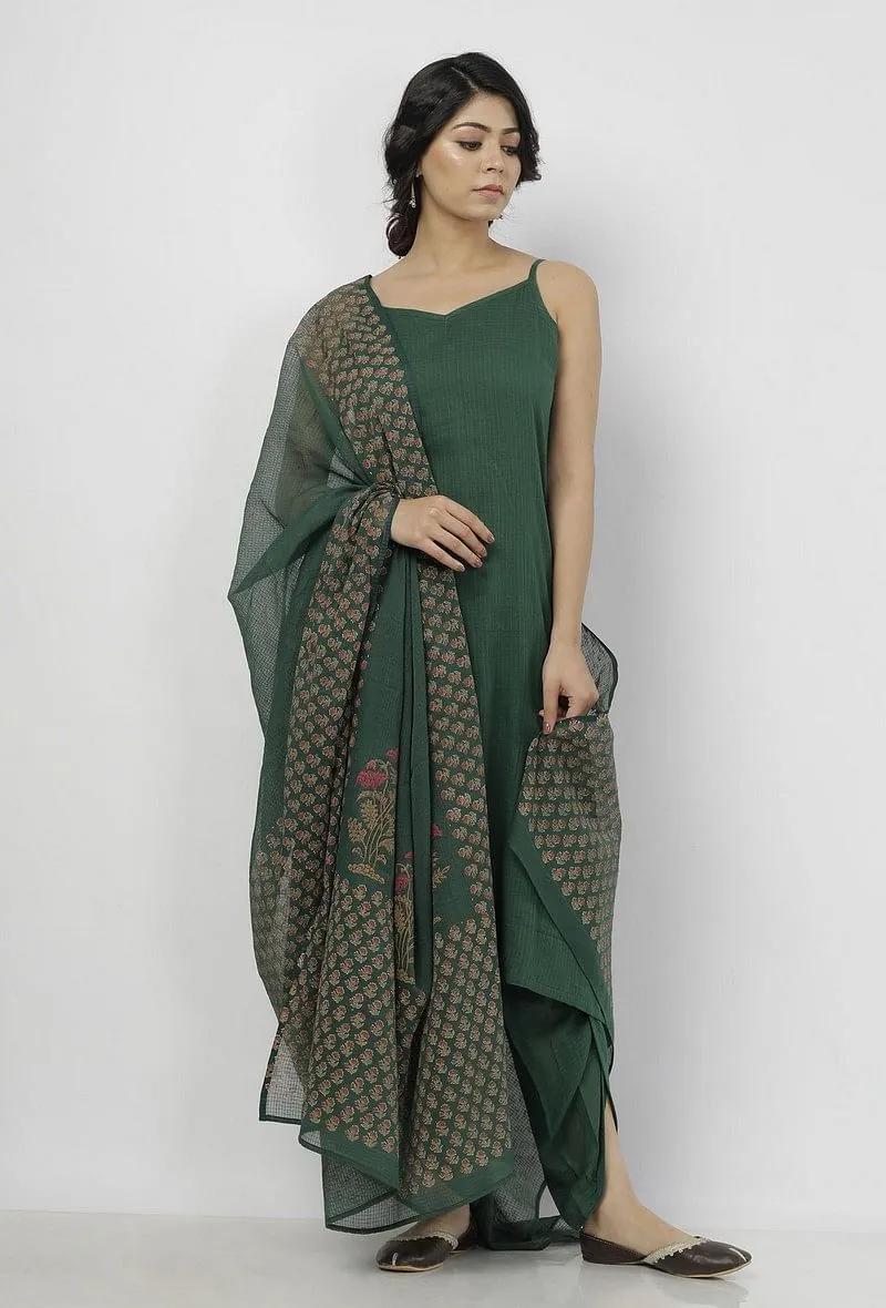 Set of 3: Irvin Plain Bottle Green Kota Slip with Plain Kota Transparent Dhoti and Hand-Block Printed Kota Dupatta