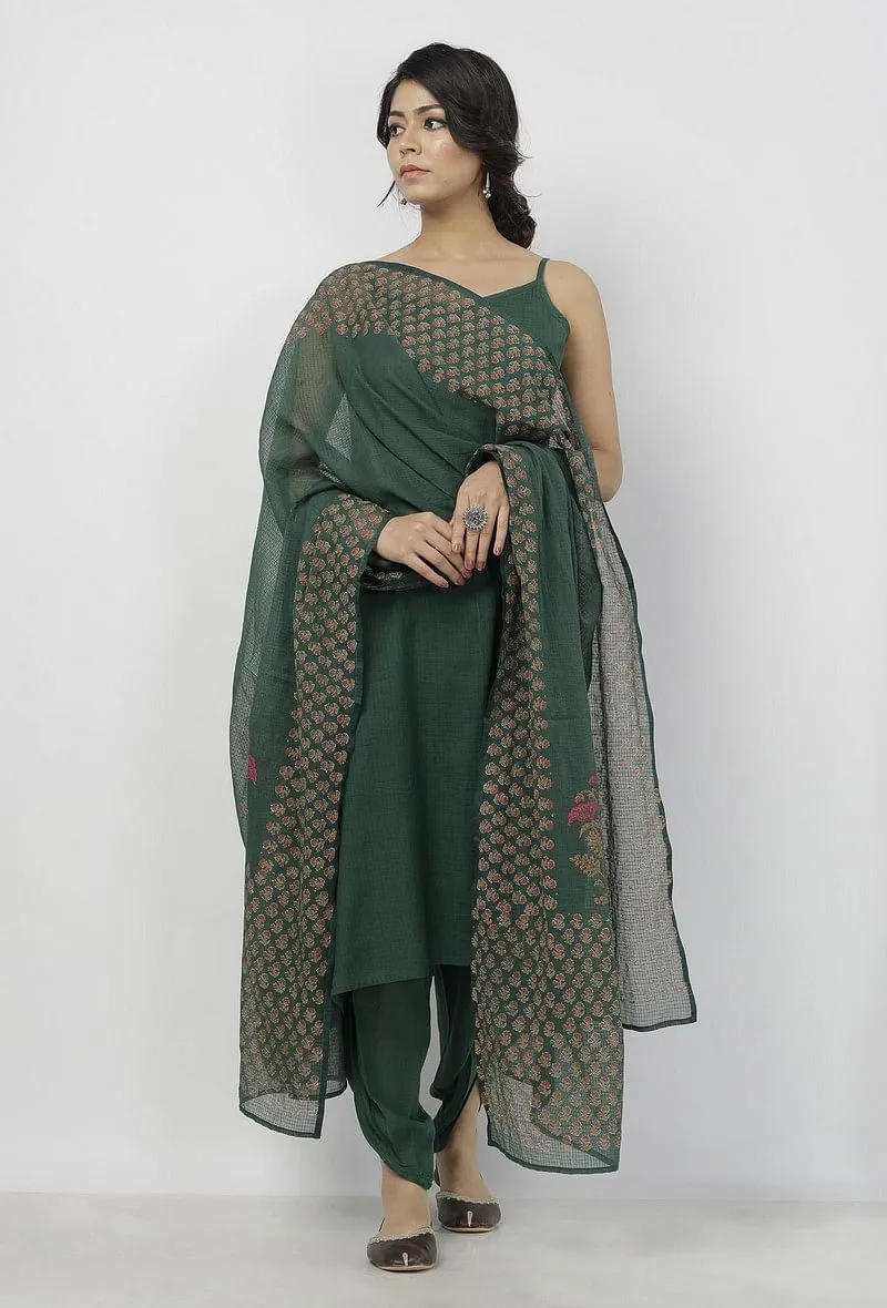 Set of 3: Irvin Plain Bottle Green Kota Slip with Plain Kota Transparent Dhoti and Hand-Block Printed Kota Dupatta