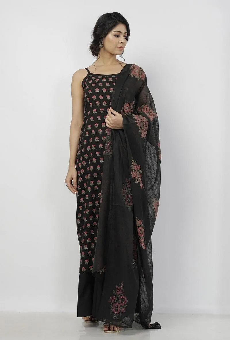 Set of 3: Kaani Black Floral Hand-Block Printed Cotton Slip with Plain Palazzo and Floral Hand-Block Printed Kota Dupatta