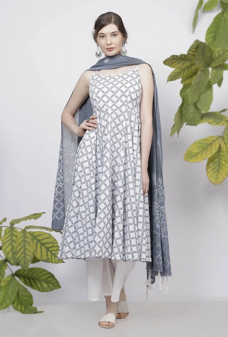 Set-of 3- Powder Blue  Criss Cross Hand-Block Printed Cotton Slip Kurta with White Flared Palazzo and Powder Blue Hand-Block Printed Kota  Dupatta