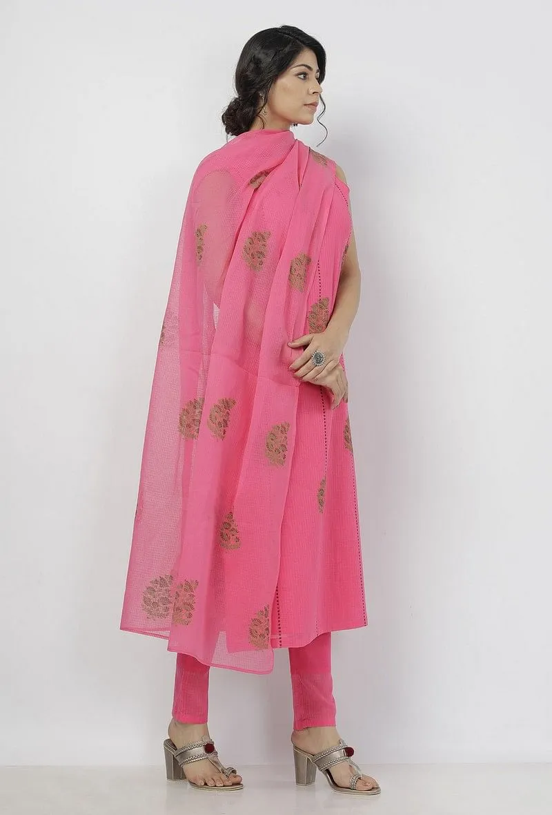 Set of 3: Raisa Pink Hand-Block Printed Kota Straight Fit Sleeveless Kurta with Plain Cotton kota border Pants and Floral Hand-Block Printed Kota Dupatta