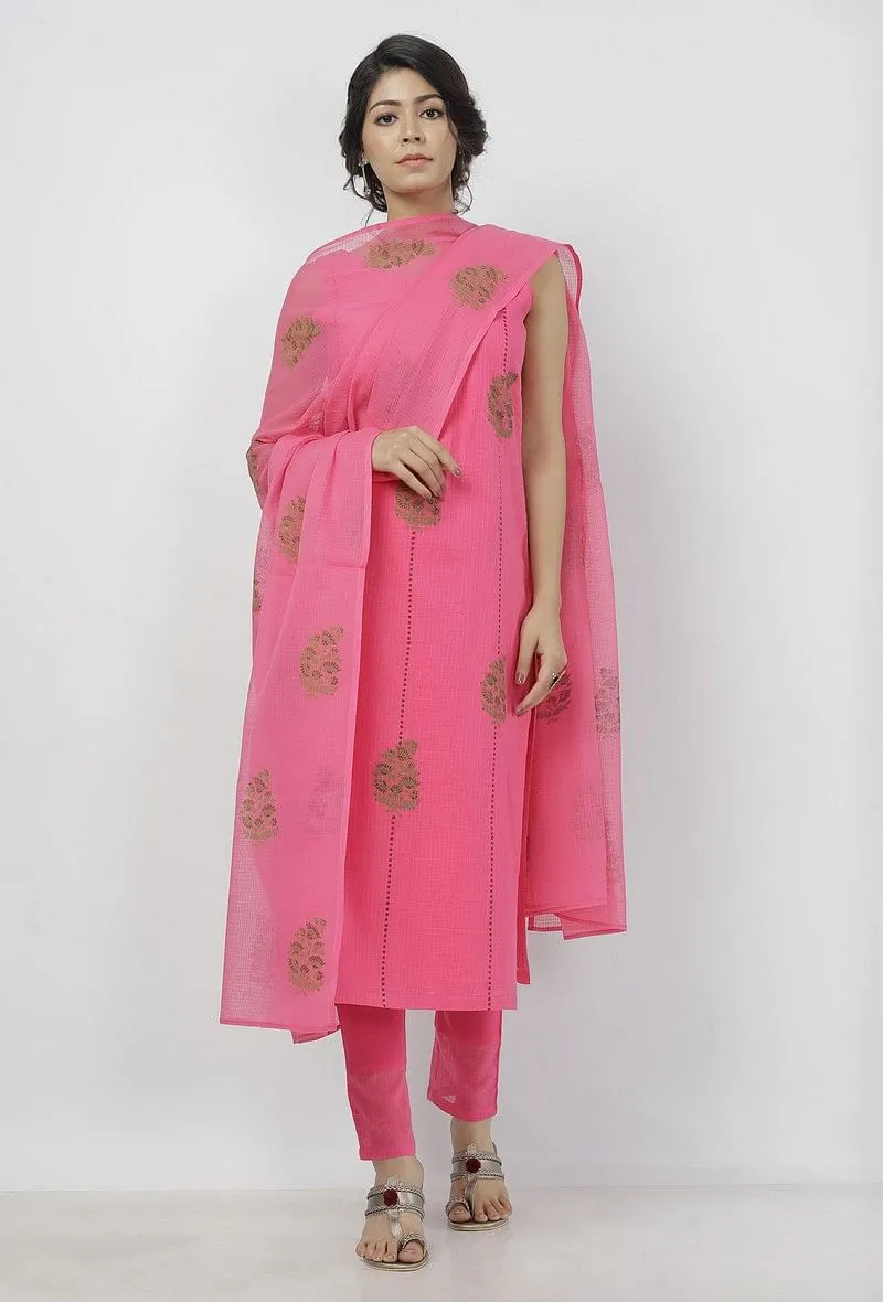 Set of 3: Raisa Pink Hand-Block Printed Kota Straight Fit Sleeveless Kurta with Plain Cotton kota border Pants and Floral Hand-Block Printed Kota Dupatta