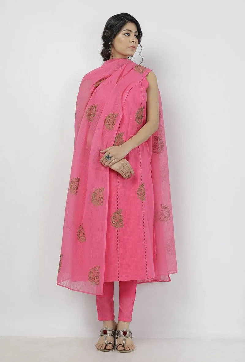 Set of 3: Raisa Pink Hand-Block Printed Kota Straight Fit Sleeveless Kurta with Plain Cotton kota border Pants and Floral Hand-Block Printed Kota Dupatta