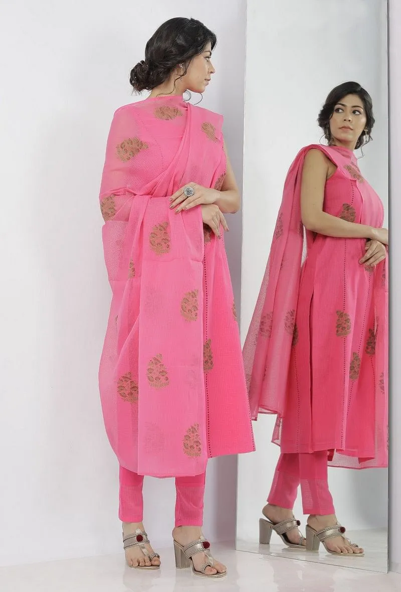 Set of 3: Raisa Pink Hand-Block Printed Kota Straight Fit Sleeveless Kurta with Plain Cotton kota border Pants and Floral Hand-Block Printed Kota Dupatta