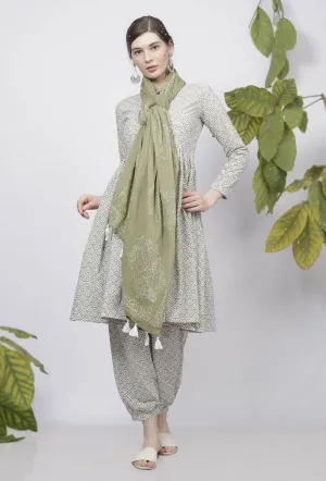 Set of 3: Sage Green Hand-Block Printed Cotton Gathered Kurta With Handblock Printed Cotton Dhoti and Sage Green Hand-Block Printed Kota  Tasseled  Dupatta