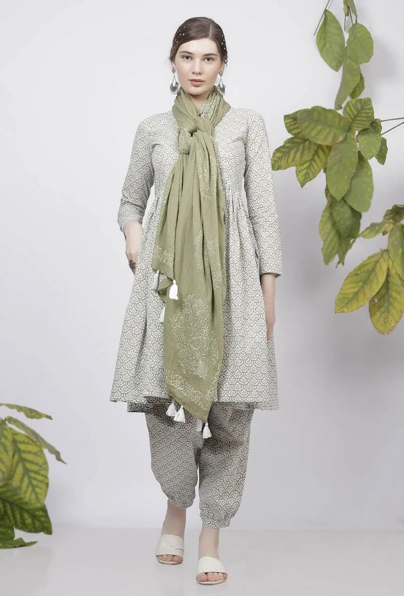 Set of 3: Sage Green Hand-Block Printed Cotton Gathered Kurta With Handblock Printed Cotton Dhoti and Sage Green Hand-Block Printed Kota  Tasseled  Dupatta