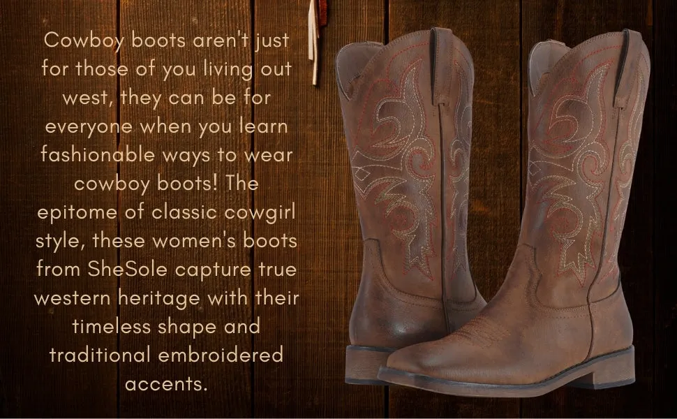 SheSole Women's Square Toe Cowboy Boots Brown