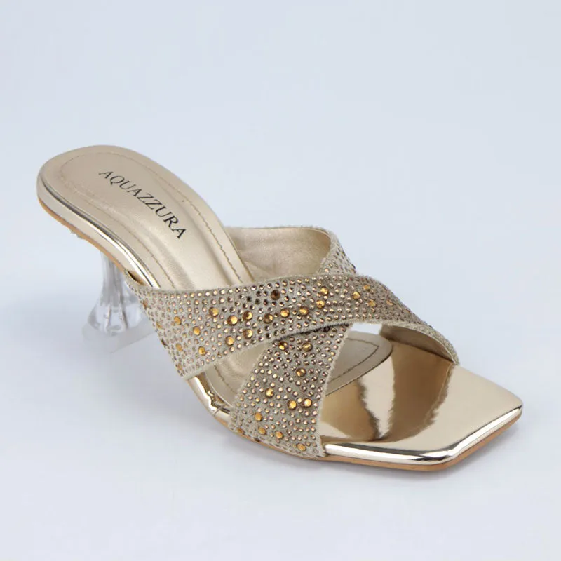 Shiny Crystal Embellished Cross Strap Clear Heel Sandals