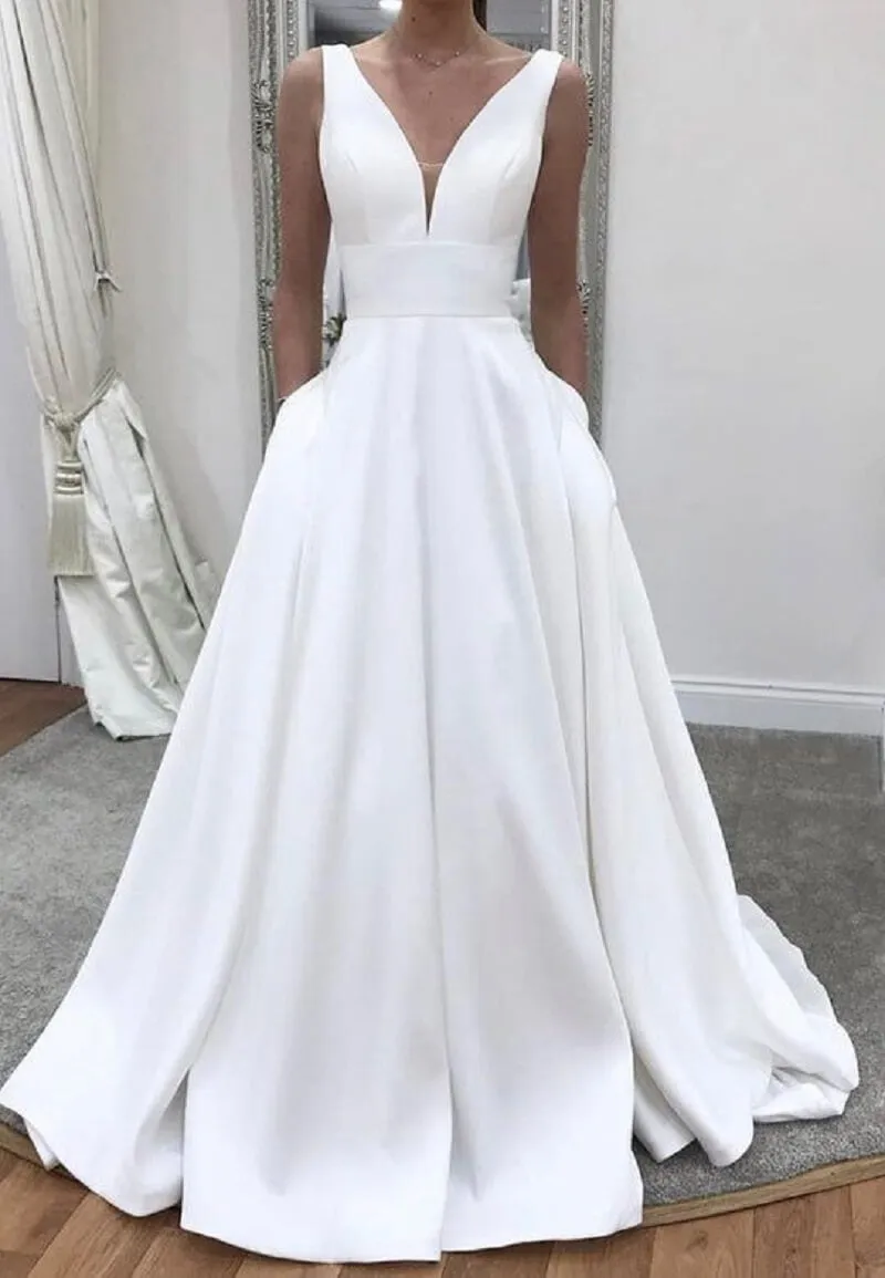 Simple V Neck Long Satin Wedding Dresses with Pockets