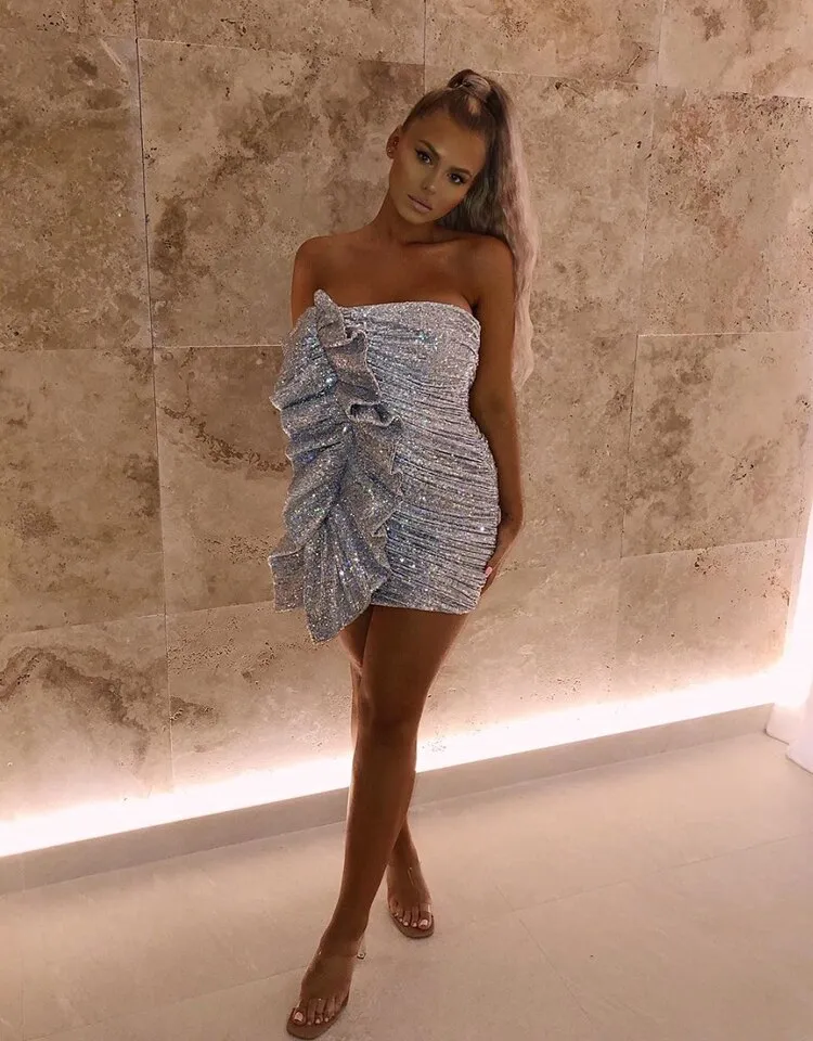 Strapless Silver Grey Short Homecoming Dress With Side Ruffles Party Dresses