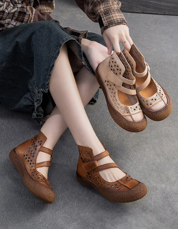 Summer Breathable Cut Out Comfortable Leather Retro Sandals