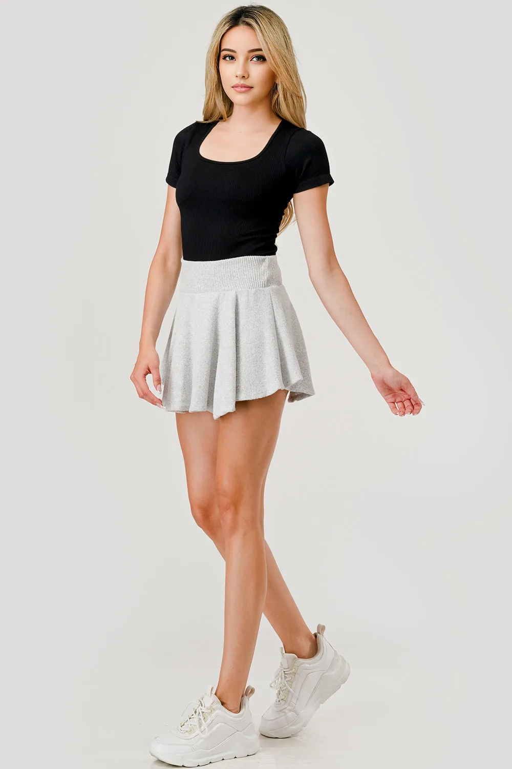 Sweater Knit A-line Ruffle Mini Skort - Light Heather Gray