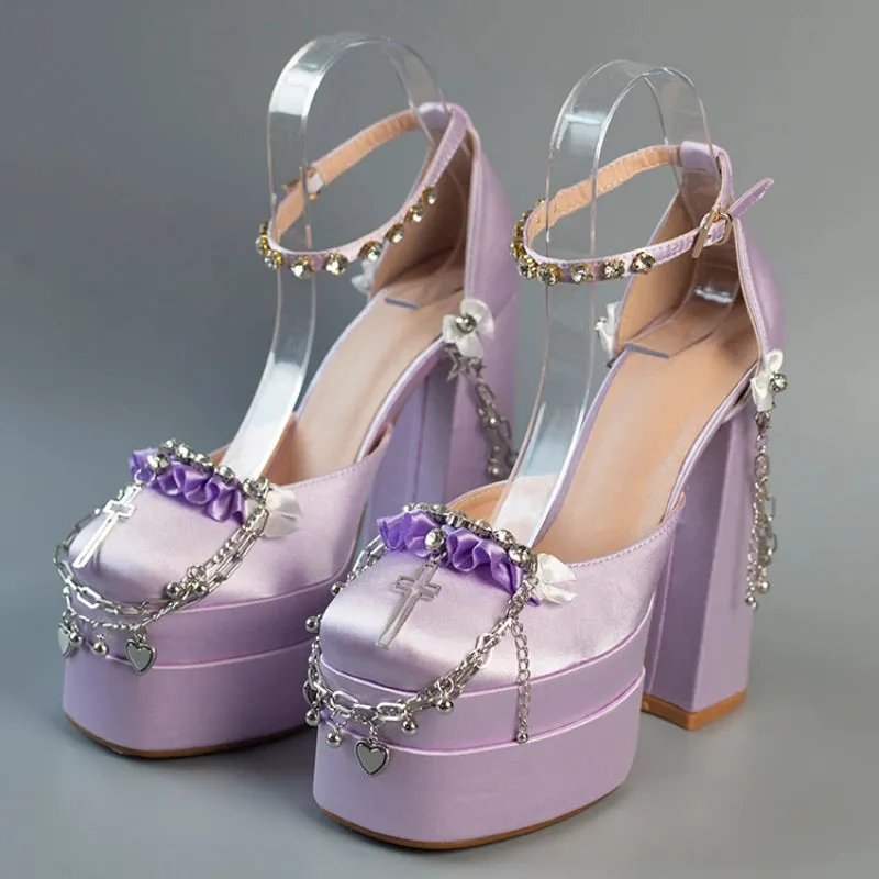 TAVIMART  -  Newest Metal Chain Purple Sandals 15cm High Heel Fashion Lolita Crystal Cross Lace Satin Princess Girls Shoes Size 35-42