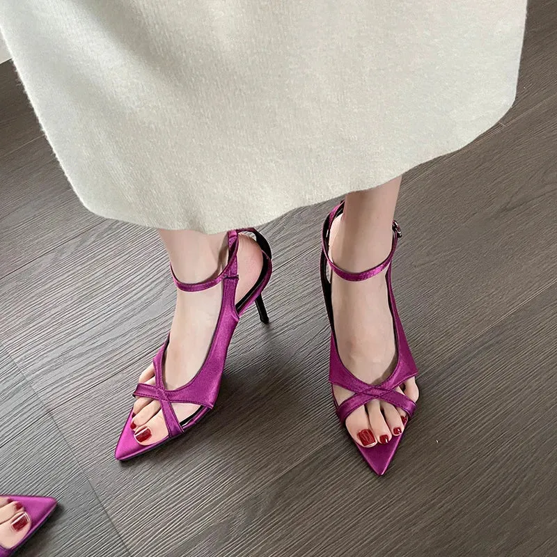 TAVIMART  -  Silk Cross Tie Pointed Toe Hollow Out Women Sandals Solid Color Ankle Strap Buckle New Fashion Western Sexy Party Female Shoes